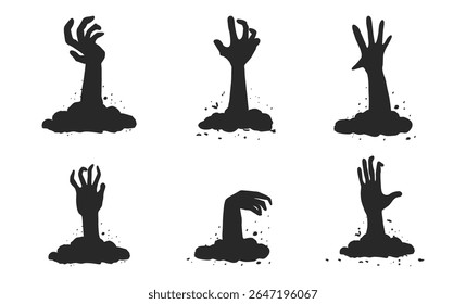 Mão de monstro assustadora emergindo do chão. Silhueta vetorial com tema de Halloween para projetos de horror. Maligno silhueta de mão morta-viva garra do túmulo. Elemento gráfico de Halloween