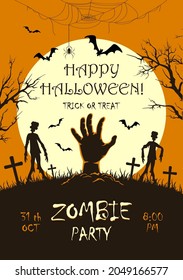 Scary monster hand with zombies on cemetery. Zombie Party on orange Halloween background with Moon. Illustration can be used for children's holiday design, cards, invitations, banner, template