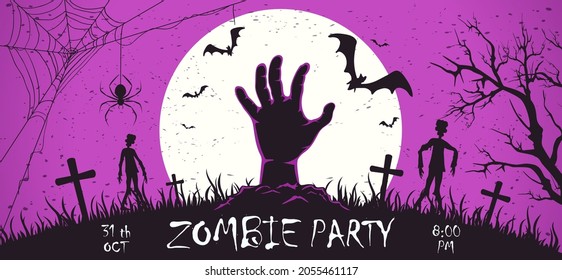 Scary monster hand with zombies on cemetery. Zombie Party on purple Halloween banner with Moon. Illustration can be used for children's holiday design, cards, invitations, banner, template