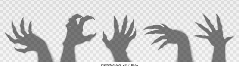 Scary monster hands, fingers with claws isolated on transparent background. Vector realistic illustration of spooky shadows for Halloween horror designs, creepy party poster elements