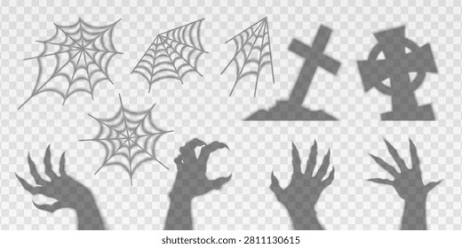 Scary monster hands, grave cross and cobweb isolated on transparent background. Vector realistic illustration of spooky shadows for Halloween horror designs, creepy party poster design elements