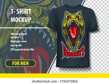 Scary monster head with open mouth. Editable t-shirt print layout.
