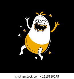 Scary monster with horrible jaws and teeth. Funny cartoon character happy Halloween. Comic alien with its mouth open. Hand drawn doodle vector illustration. Creative design for sticker, banner, poster