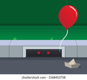 scary monster inside sewer with ballon and origami paper boat in flat illustration vector