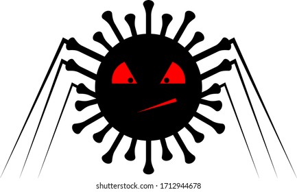 Scary monster like a virus. Black silhouette of a monster in the image of a coronavirus with frightening eyes, mouth and claws on a white background. Round shape. Vector illustration.