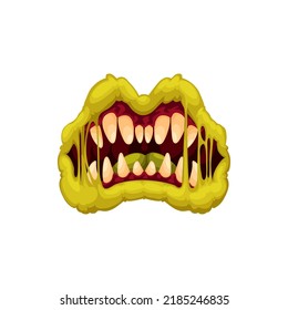 Scary monster mouth, green goblin lips isolated cartoon monster icon. Vector tongue, green elf lips and saliva or goo, awful jaws. Spooky devil angry grin goblin, Halloween creature roaring mouth