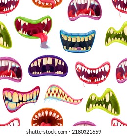 Scary Monster Mouths And Jaws With Teeth And Tongues Cartoon Seamless Pattern. Halloween Monster Smiles Vector Background Of Horror Vampire, Angry Beast And Creepy Zombie Open Mouths, Blood And Saliva