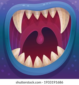 Scary monster open mouth full of sharp teeth expression the evil terrible emotions. Design element for halloween holiday. Flat cartoon colorful vector illustration.