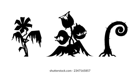 Scary monster plants black silhouettes vector illustrations set. Halloween decoration elements.