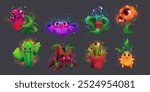 Scary monster plants. Fantasy alien flower vector. Cute and creepy carnivorous creature with mouth and teeth. Comic fantastic flytrap, predatory cactus and glowing garden mascot isolated illustration