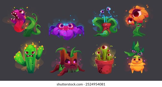 Scary monster plants. Fantasy alien flower vector. Cute and creepy carnivorous creature with mouth and teeth. Comic fantastic flytrap, predatory cactus and glowing garden mascot isolated illustration