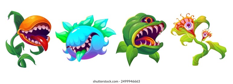 Scary monster plants with fantasy flower head with eyes, mouth and teeth. Creepy alien carnivorous dangerous creatures with trap. Cartoon vector illustration set of horrible predatory characters.