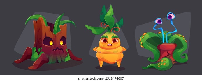 Plantas y flores monstruosas de miedo. Conjunto de Ilustración vectorial de dibujos animados de fantasía horrible jardín o criaturas del bosque - tocón del árbol con cara espeluznante, raíz terrible con hojas, flor espeluznante en maceta rota.