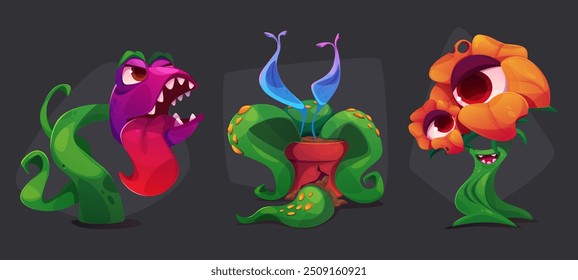 Plantas monstruosas de miedo con flores en la cabeza. Conjunto de Ilustración vectorial de dibujos animados de fantasía alienígena espeluznante horrible juego de diseño ui personajes con ojos y boca terribles con dientes y lengua.