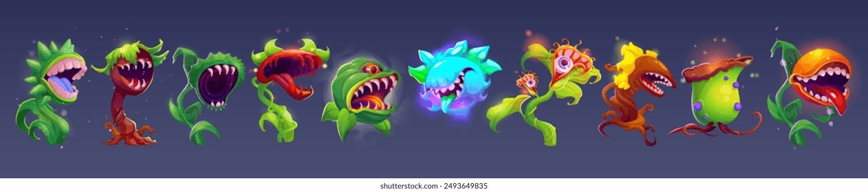 Espeluznantes plantas monstruosas con horrible cabeza de flor carnívora con boca, dientes y ojos en tallo verde con hojas. Conjunto de Ilustración vectorial de dibujos animados de juego y fantasía de cuento de hadas criatura espeluznante extraterrestre.