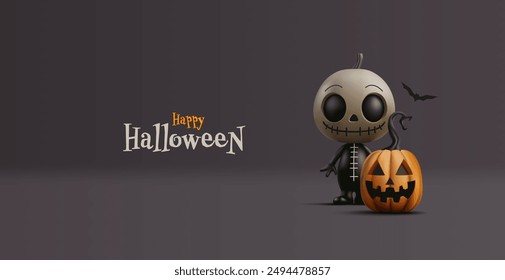 Scary monster and pumpkin, 3D. For advertising and promotion of products, discounts on Halloween. Vector illustration.