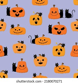 Scary monster pumpkin and cute black cat seamless pattern. Halloween holidays cartoon character background. -Vector