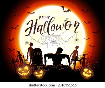 Scary monster with pumpkins and zombies on cemetery. Black and red night background with dead man, monsters and bats. Illustration can be used for children's holiday design, cards, invitations, banner