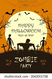 Scary monster with pumpkins and zombies on cemetery. Zombie Party on orange Halloween background with Moon. Illustration can be used for children's holiday design, cards, invitations, banner, template