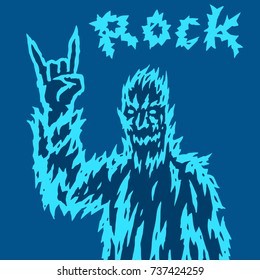 Scary monster shows the horn's gesture. Vector illustration. Genre of horror. Terrible rock'n'roll character.