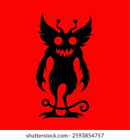 Scary Monster Silhouette with Glowing Eyes on Red Background