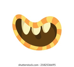 Scary monsters mouth. Stickers for social networks. Yellow fictional character smiling. Design elements for development of face of troll or orc, printing on t shirt. Cartoon flat vector illustration