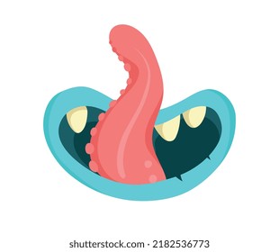 Scary monsters mouth. Stickers for social networks. Blue fictional character shows tongue, stylish design for printing on clothes. Toy or mascot for Halloween. Cartoon flat vector illustration