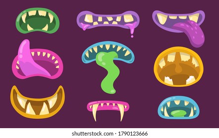 Aterradoras bocas de monstruos. Labios con mandíbulas delgadas, horribles, dientes, garganta y lenguas de goblin, gremlin, trolls. Ilustración vectorial de los conceptos de criaturas de Halloween, plantillas de emoticones de fiesta