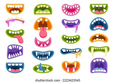 Scary monsters mouths set. Lips with slim, horrible jaws, teeth, throat and tongues of goblin, gremlin, trolls. Halloween creatures concepts, party stickers templates. Vector illustration