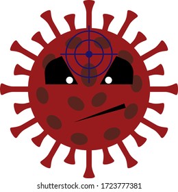 Scary monster-virus and aim. Coronavirus vaccine concept. Monster in the image of a coronavirus with frightening eyes. Vector illustration.