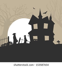 Scary moon light night background with haunted house for Happy Halloween parties. 