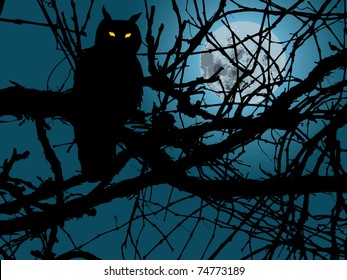 scary moonlight forest background with silhouette of owl