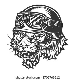 Scary motorcyclist tiger head in biker helmet and goggles in vintage monochrome style isolated vector illustration