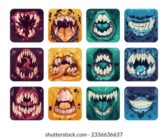 Scary mouth logo. Creepy colorful monster teeth cartoon style, comic horror alien zombie smile tongue for game design GUI assets. Vector fantasy set. Monstrous facial expressions, ugliness