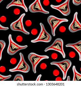 scary mouth and nose of a clown with large fangs pattern on a black background