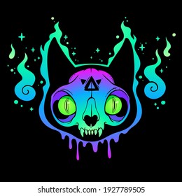 Scary multicolored cat skull in ghost flame