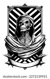 scary Mummy black and white hand drawn illustration with heraldic banner for copyspace logo