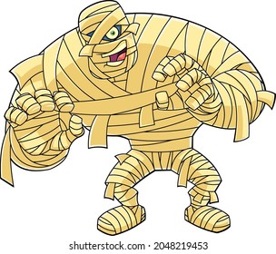 Scary Mummy Cartoon Character Attacking With Hands Up. Vector Hand Drawn Illustration Isolated On Transparent Background