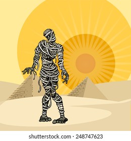 Scary mummy, in the desert next to pyramids, vector illustration