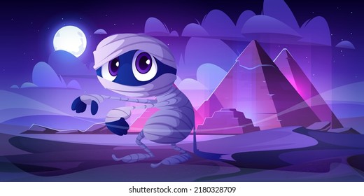 Scary mummy in Egypt desert with ancient pyramids. Vector cartoon illustration of egyptian desert landscape with sand dunes, ancient tombs and spooky walking zombie in bandages