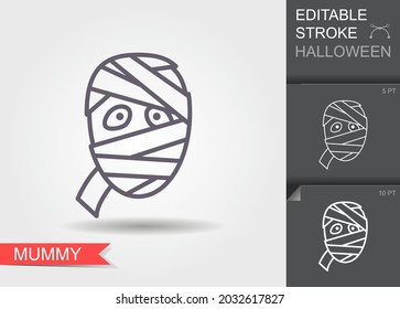 Scary mummy face. Outline icon with editable stroke. Linear Halloween Symbol with shadow