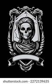 scary Mummy girl black and white hand drawn illustration with heraldic banner for copyspace logo