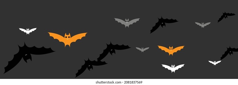 Scary Mysterious Party Monster Faces Backdrop. White Spooky Orange Funny Chaos Bats. Sky Horror Creepy Gothic Grey Bats Illustration. Vampire Fear Dracula Black Cartoon Halloween Modern Design.