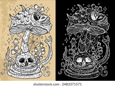 Setas místicas aterradoras con Elementos de diseño decorativos mágicos, calavera, símbolos de brujería. Objetos esotéricos y brujería de Halloween, concepto del tatuaje, Clipart dibujado a mano 