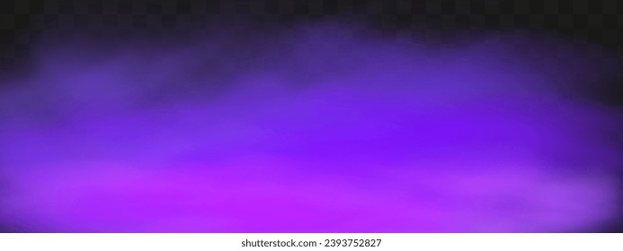 Temerosa niebla mística violeta en la noche de Halloween. Gas venenoso púrpura, polvo y efecto humo. Magia neón realista vapor en un fondo oscuro transparente.