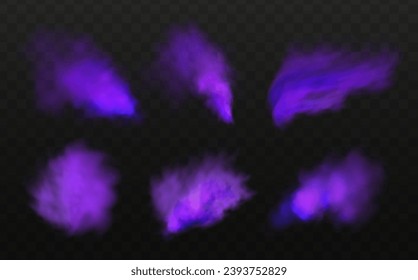 Scary mystical  violet fog in night Halloween. Purple poisonous gas, dust and smoke effect.Realistic neon magic mist steam on a transparent dark background.