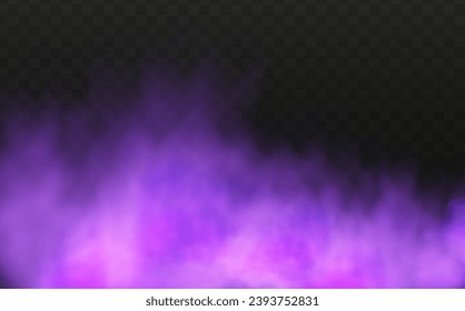Scary mystical  violet fog in night Halloween. Purple poisonous gas, dust and smoke effect.Realistic neon magic mist steam on a transparent dark background.