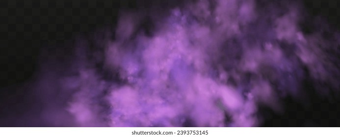 Scary mystical  violet fog in night Halloween. Purple poisonous gas, dust and smoke effect.Realistic neon magic mist steam on a transparent dark background.
