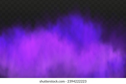 Scary mystical  violet fog in night Halloween. Purple poisonous gas, dust and smoke effect.Realistic neon magic mist steam on a transparent dark background.