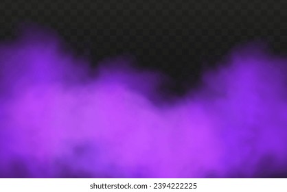 Scary mystical  violet fog in night Halloween. Purple poisonous gas, dust and smoke effect.Realistic neon magic mist steam on a transparent dark background.